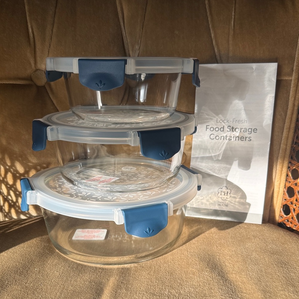 Princess House Brand New Glass Food Storage Containers with Blue Lids